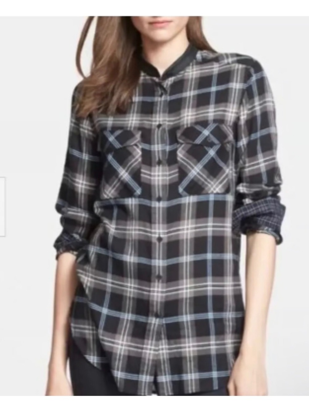 Vince plaid button down western black blue white with lambskin collar Size 4